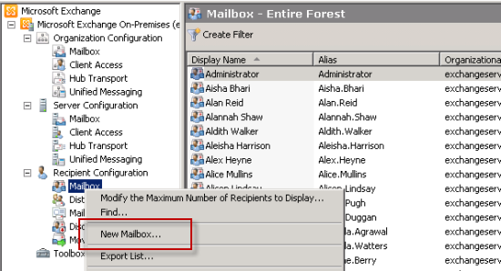Exchange Server 2010 New Mailbox Wizard