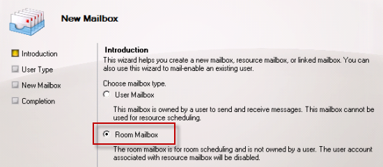 Choose to Create a Room Mailbox