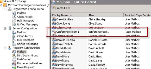 Exchange Server 2010 Room Mailboxes in Exchange Management Console