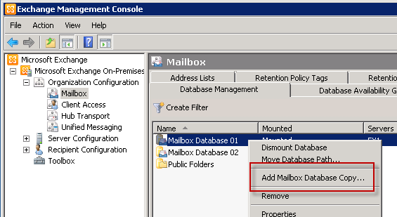 Adding a Mailbox Database Copy in Exchange Server 2010