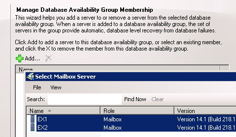 Select Mailbox Servers to become Database Availability Group Members