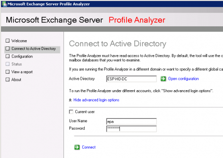 Enter the Credentials for the Exchange Profile Analyzer