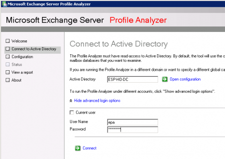 Enter the Credentials for the Exchange Profile Analyzer Enter the Credentials for the Exchange Profile Analyzer