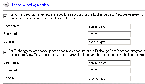 Enter administrative credentials to connect to Active Directory and Exchange