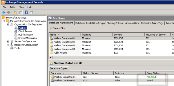 Exchange 2010 DAG with a Failed Database Copy