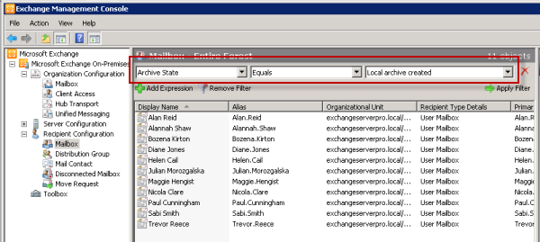 Exchange Server 2010 filtered view for archive enabled mailbox users