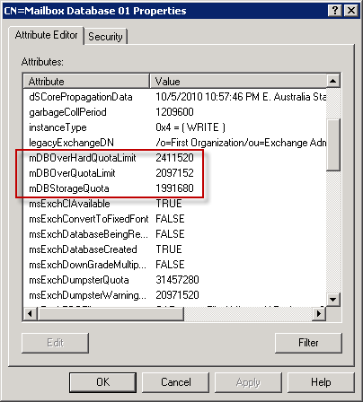 Exchange 2010 Mailbox Database storage quota settings in Active Directory