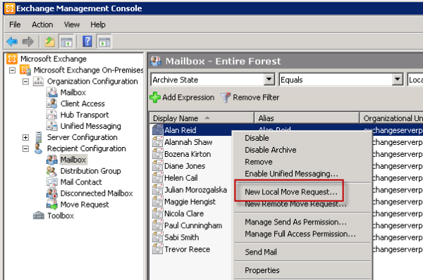 Start the Exchange Server 2010 New Local Move Request wizard