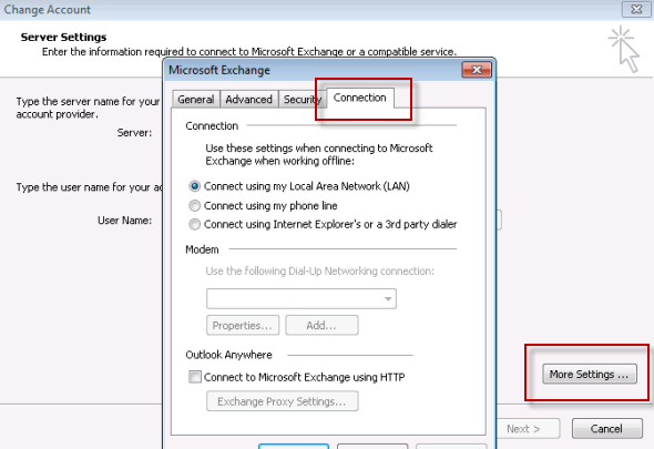Outlook 2010 Connection Settings