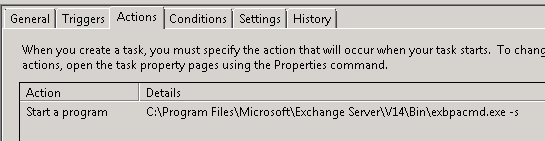 The scheduled task action for Exchange Best Practices Analyzer The scheduled task action for Exchange Best Practices Analyzer