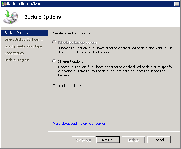 Choose whether to use existing backup options on the server