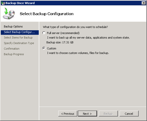 Choose a Custom backup in Windows Server Backup