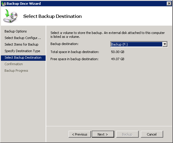 Choose the volume to back up Exchange 2010 to