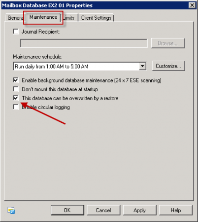 Enable the Exchange 2010 mailbox database to be overwritten by a restore