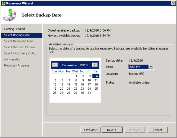 Select the backup date to restore the Exchange 2010 Mailbox Database from