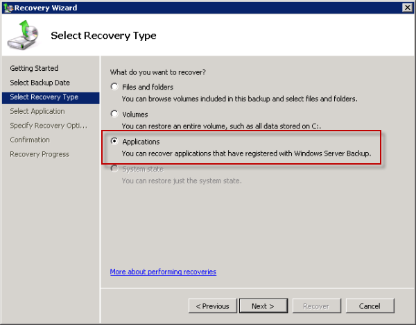Choose the Application recovery type for Exchange 2010 Mailbox Database recovery