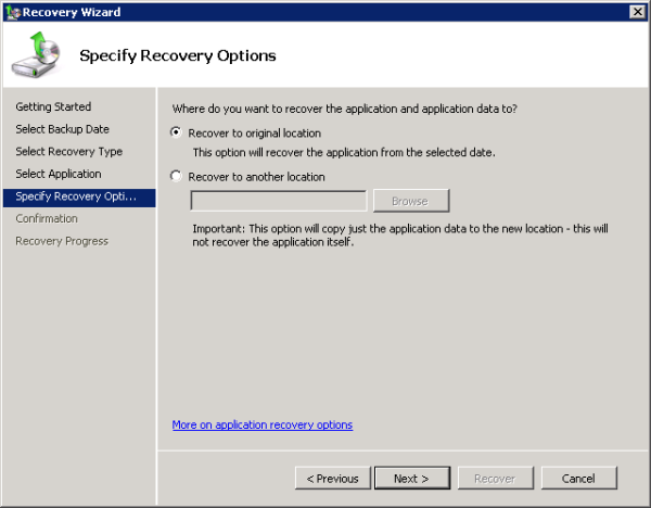 Choose to recover the Exchange 2010 Mailbox Database to its original location or an alternate location
