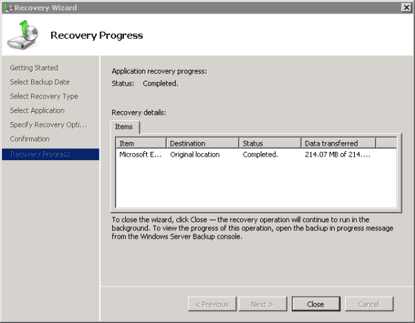 Exchange 2010 Mailbox Database restore complete