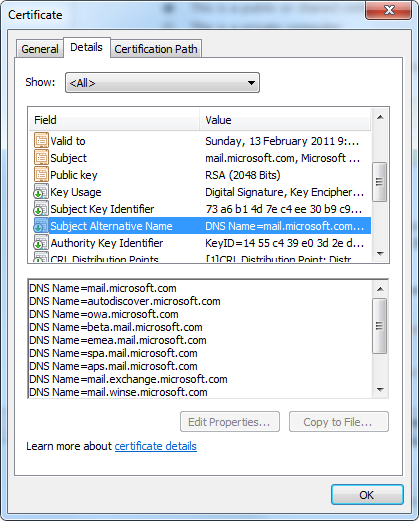 Exchange 2010 SSL certificate used by Microsoft