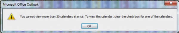 Outlook 2010 error when opening more than 30 calendars