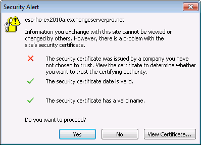 Outlook Warning for Untrusted SSL Certificate