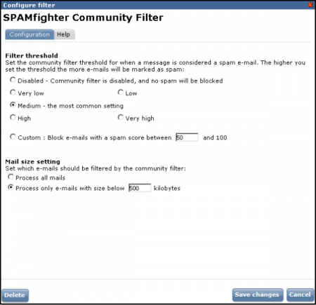 SPAMfighter Community Filter settings