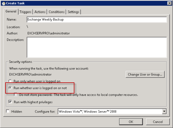 Configure the scheduled task security options