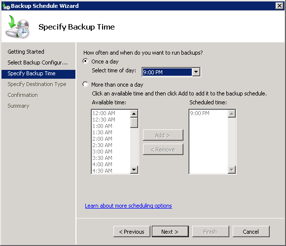 Windows Server Backup scheduling options Windows Server Backup scheduling options