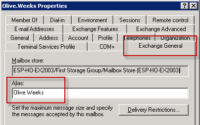 Exchange 2003 Mailbox User Alias