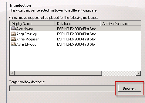 Browse to select a target mailbox database