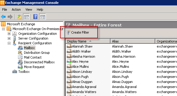 Creating filters in the Exchange Management Console