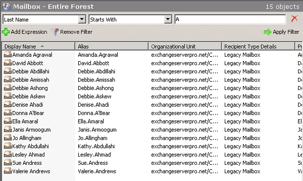 A filtered view of mailboxes in the Exchange Management Console