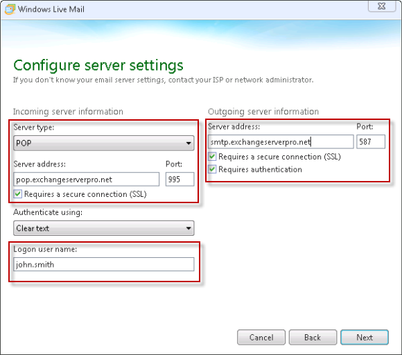 How to Configure Windows Live Mail for Exchange 2010 POP3