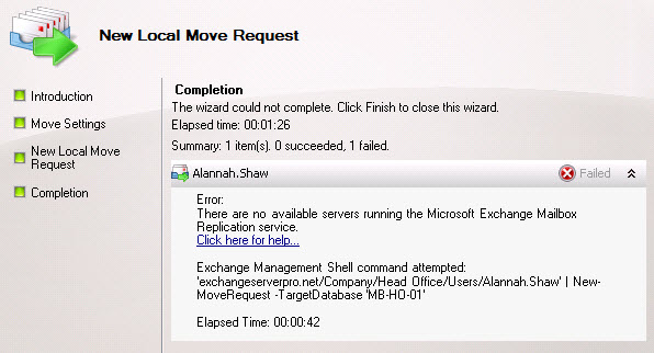 Exchange 2010 Local Move Request Fails with No Available Mailbox Replication Service Error