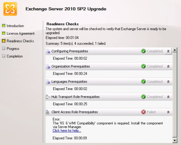 Error Message &quot;The &#039;IIS 6 WMI Compatibility&#039; component is required&quot; During Exchange 2010 SP2 Upgrade