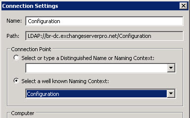 Connect to the Configuration naming context with ADSIEdit