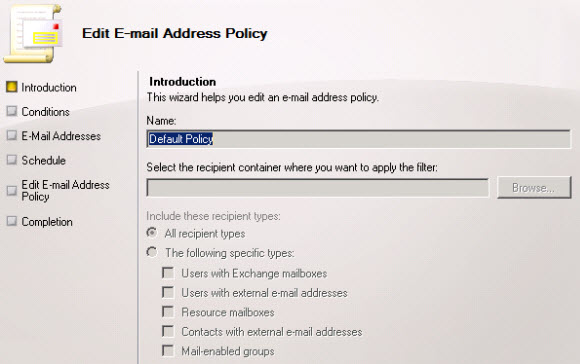 Scope of the default email address policy in Exchange 2010