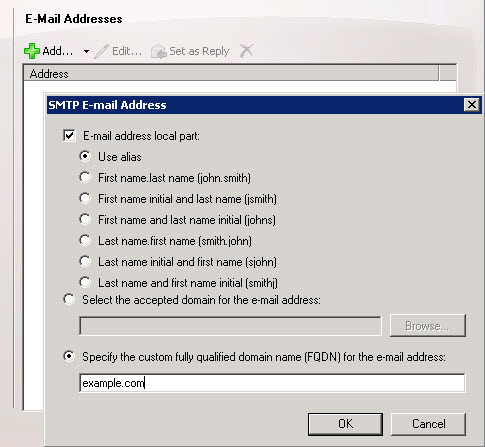 Configuring SMTP addresses for an email address policy