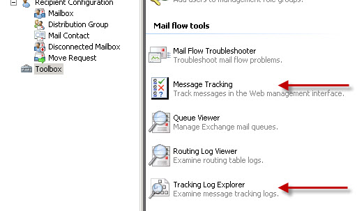 Exchange Management Console Toolbox message tracking tools