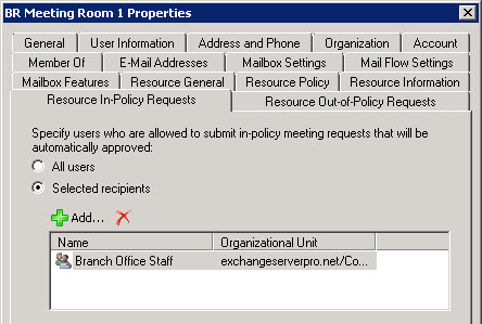 Restricting Room Mailbox Bookings to a Group in Exchange 2010