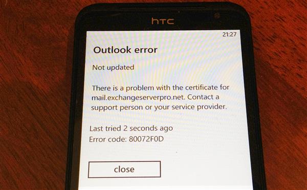 Exchange ActiveSync/Windows Phone Outlook Error 80072F0D