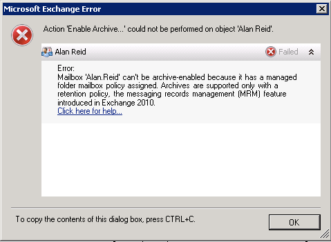 Exchange 2010 Mailbox Can&#039;t Be Archive-Enabled Due to Managed Folder Mailbox Policy