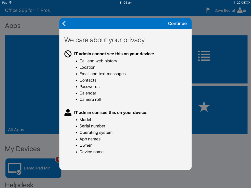 Privacy notice displayed to iOS users enrolling in Intune