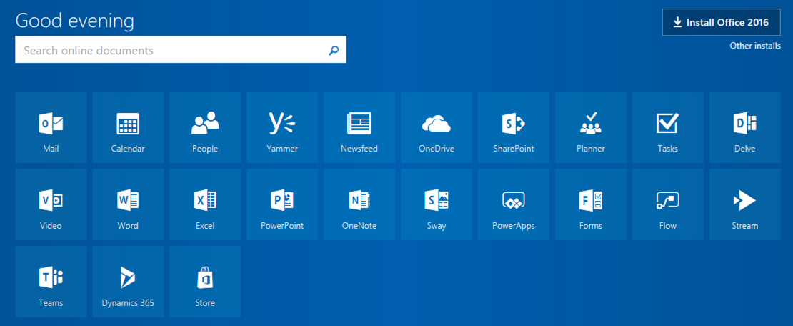 Apps shown on the Office 365 home page