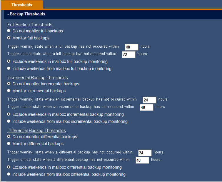 Database backup monitoring thresholds in Mailscape