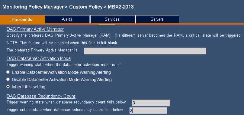 Mailbox database redundancy alert thresholds in Mailscape