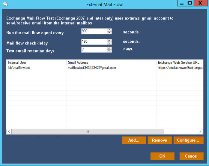 Configuring the external mail flow test in Mailscape