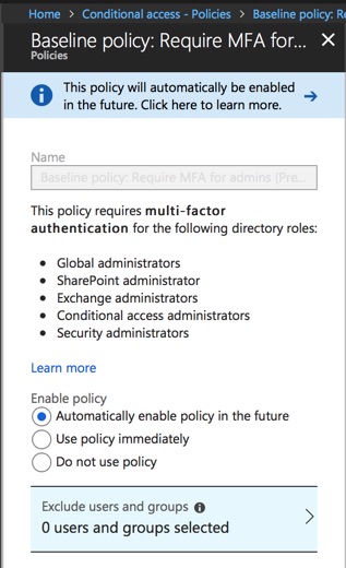 Multi-factor Authentication by Default for Administrators in Azure AD and Office 365