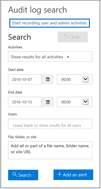 Activity Alerts in Office 365 Screenshot