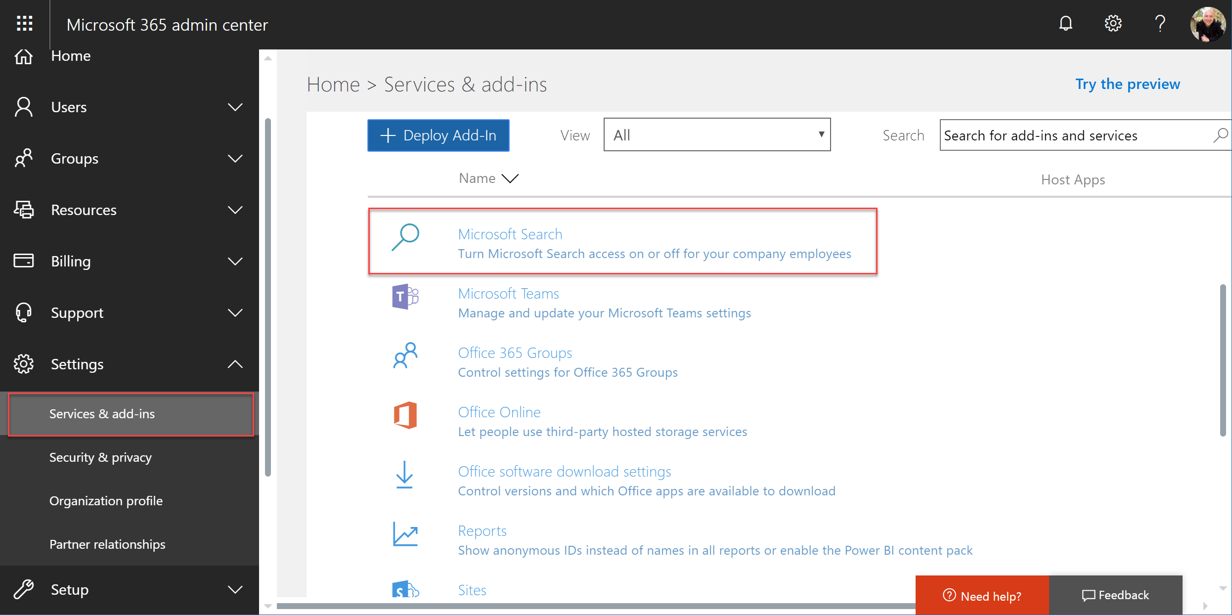Figure 2: Activating Microsoft Search